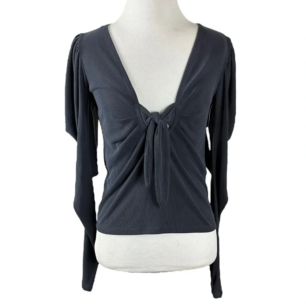 Free People Tie The Knot Top Ribbed Puffed Long Sleeves Black Size XS NEW